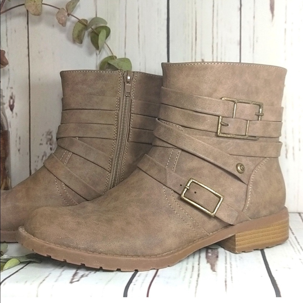 G by Guess Taupe Mushroom Hanna Moto Ankle Boots